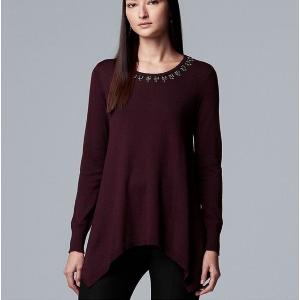 EUC Simply Vera Vera Wang Embellished Handkerchief Hem Sweater